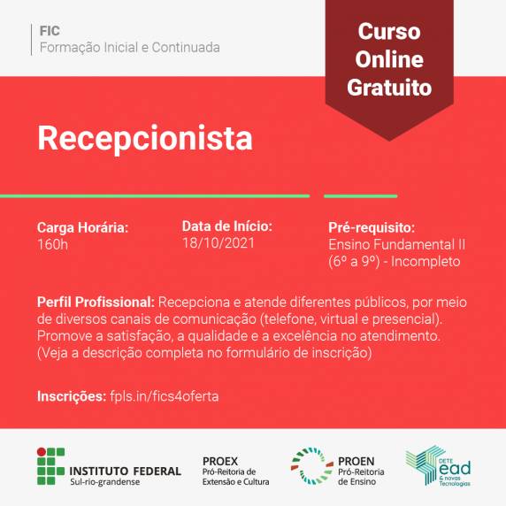 "O IFSul abriu 20000 vagas no total, para todos os Polos e pela nossa experiências nesses processos seletivos, é provável que todas as vagas sejam preenchidas em um curto período de tempo - 1 ou 2 dias. As inscrições encerram antecipadamente ao serem preenchidas todas as vagas."